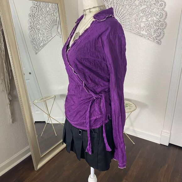White Stag Whimsygoth Front Tie Purple Berry Pink Cotton Lace Wrap Blouse Top L - Picture 4 of 8